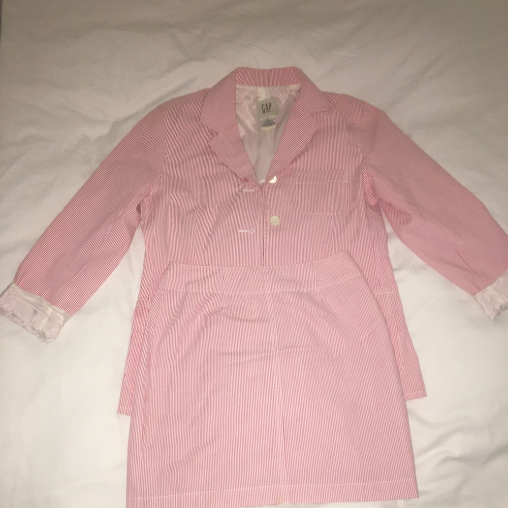 Red and White Pinstripe blazer jacket with skirt!